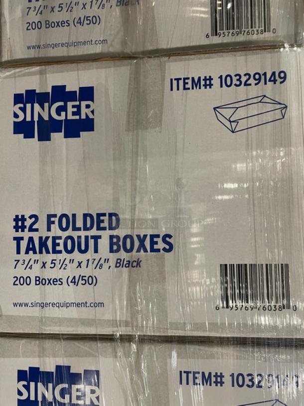 Singer takeout boxes, model 10329149, black, folded, 7-3/4" x 5-1/2" x 1-7/8", 200 per case. Brand new pallet.
