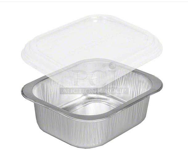 BRAND NEW HFA Gourmet-To-Go 20 oz aluminum container with clear dome lid, model 421745150WDL. 150 per case.