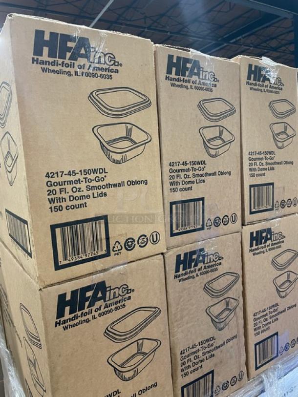 BRAND NEW full pallet of HFA Gourmet-To-Go 20 oz. aluminum containers with clear dome lids, model 4217-45-150WDL. 150 units per case.