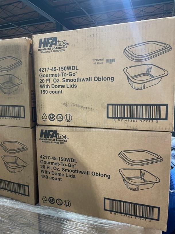 BRAND NEW HFA Gourmet-To-Go aluminum containers, 20 oz, smoothwall with dome lid, 150/case, Model 4217-45-150WDL.