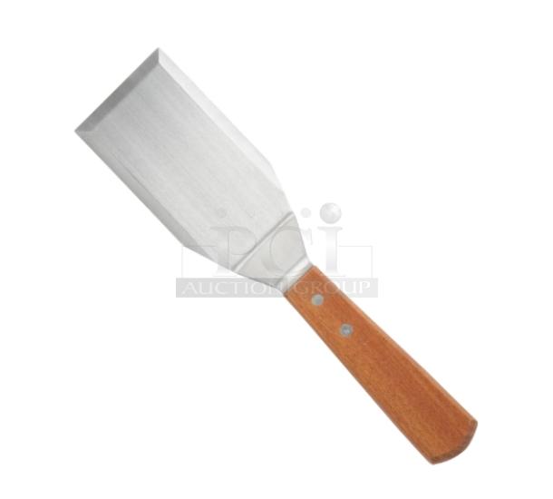 Winco TN719 stainless steel offset hamburger turner with wooden grip handle, brand new condition.