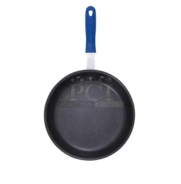 Brand new Winco 12" round aluminum fry pan, induction-ready, model AFPI12NH, with blue grip handle.
