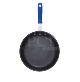 Brand new Winco 12" round aluminum fry pan, induction-ready, model AFPI12NH, with blue grip handle.