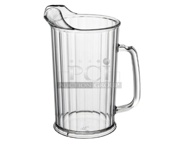 Brand new Cambro Camwear Series 60 oz. clear beverage pitcher, model P60CW135. Durable design with sturdy handle.