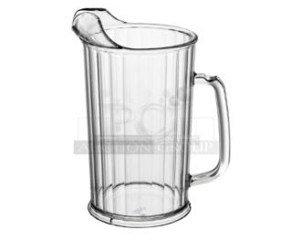 Brand new Cambro Camwear Series 60 oz. clear beverage pitcher, model P60CW135. Durable design with sturdy handle.