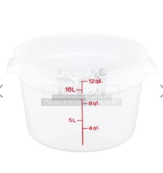 Brand new Cambro white round 12 Qt. food storage container, model RFS12148, with measurement markings.