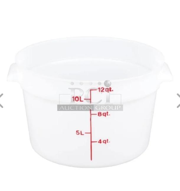 Brand new Cambro 12 Qt. white round food storage container, Model RFS12148, with red measurement markings.