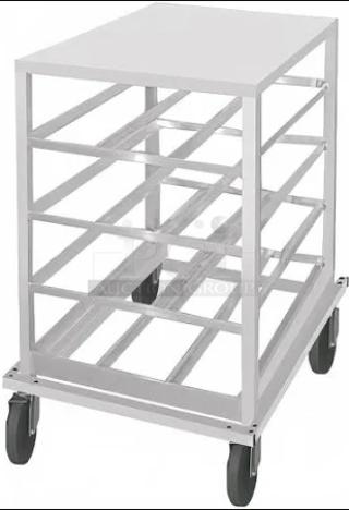 Advance Tabco commercial aluminum can rack, model CR10-54, features sloped glides and casters, brand new condition.