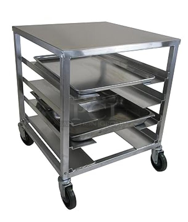BRAND NEW Channel Aluminum 4-Pan Mobile Rack, Model UR111S, on casters, durable, versatile, ideal for commercial kitchens.