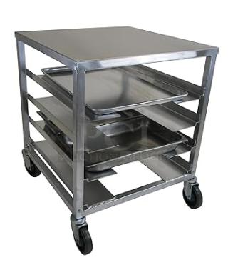 BRAND NEW Channel Aluminum 4-Pan Mobile Rack, Model UR111S, on casters, durable, versatile, ideal for commercial kitchens.