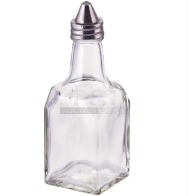 Winco G104 glass oil & vinegar cruet, 6 oz, clear. Brand new. Commercial quality, silver screw cap, set of 12 per case.