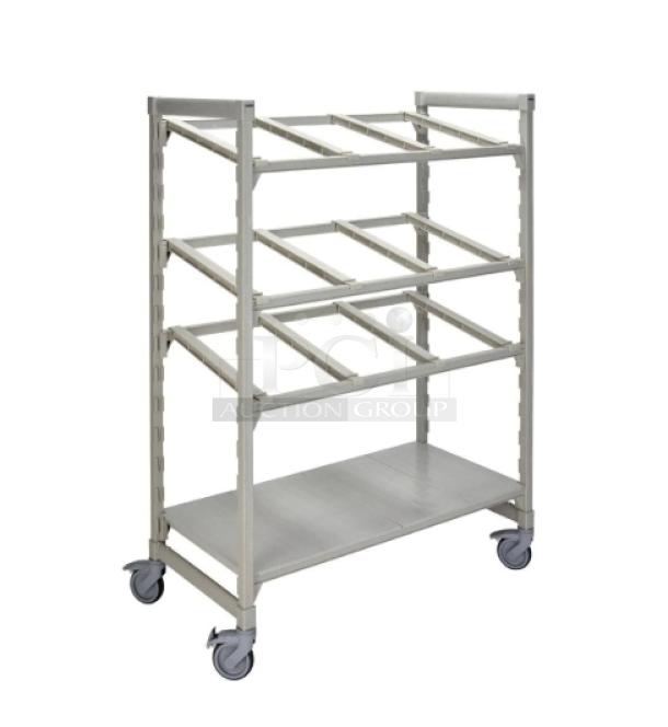 Cambro Camshelving Premium Series mobile flex station in speckled gray, with three tiers, angled divider bars, and casters. Model CPM244867FX2480.
