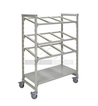 Cambro Camshelving Premium Series mobile flex station in speckled gray, with three tiers, angled divider bars, and casters. Model CPM244867FX2480.