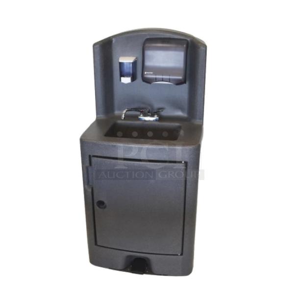 Brand new Crown Verity grey portable hand washing station, model CV-PHS-5, with 5-gallon fresh water tank, SN: 13524.