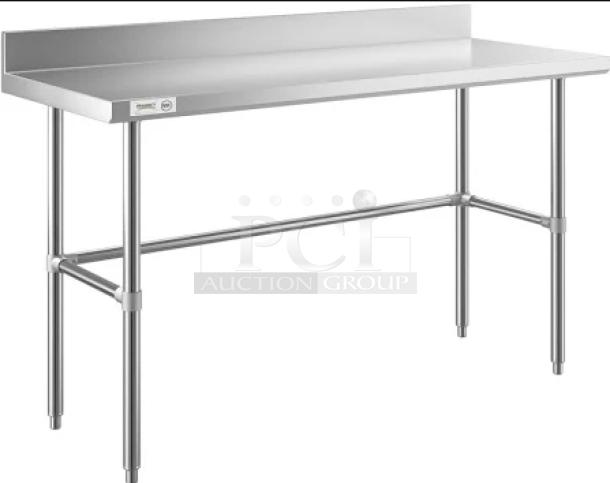 Brand new EMI Industries custom stainless steel work table, open base, backsplash, on legs, model CUSTOM.