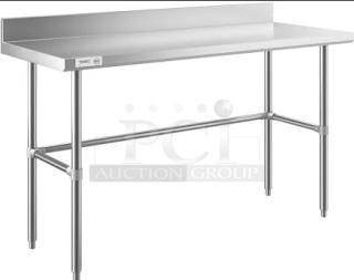 Brand new EMI Industries custom stainless steel work table, open base, backsplash, on legs, model CUSTOM.