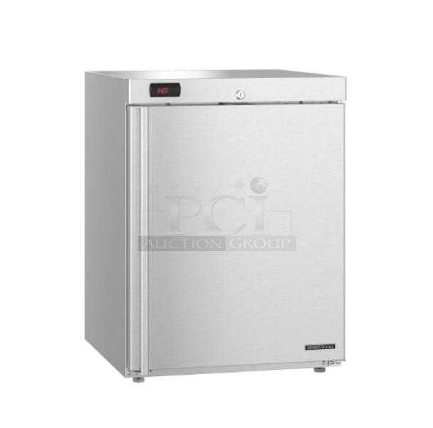 Brand new Hoshizaki HR24C stainless steel undercounter refrigerator, single door, digital temperature display.