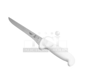 Brand new Mercer Culinary M18100 6" boning knife with stainless steel blade and white grip handle.