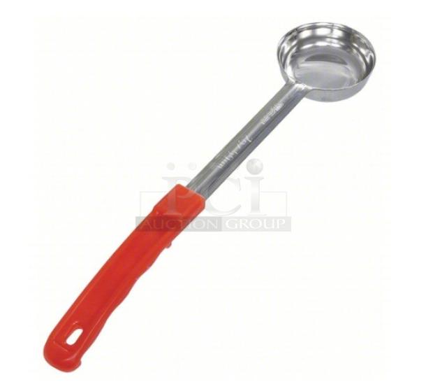 Crestware SP02 stainless steel portion control spoon, 2 oz capacity, red grip handle, new condition.