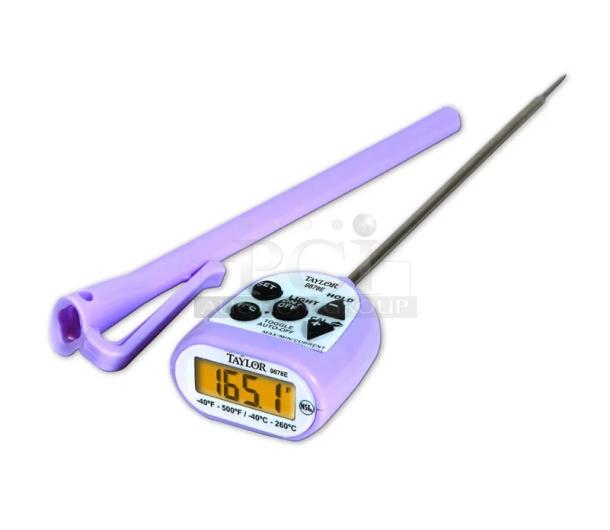 Brand new Taylor 9878EPR digital waterproof pocket thermometer in purple, features clear display, durable probe, ideal for commercial use.
