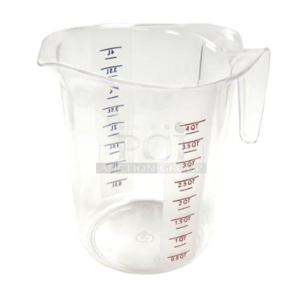 Brand new Winco PMCP-400 clear polycarbonate 4 Qt. measuring cup with printed volume markings in blue and red.