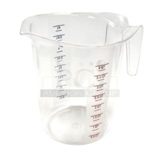 Brand new Winco PMCP-400 clear polycarbonate 4 Qt. measuring cup with printed volume markings in blue and red.