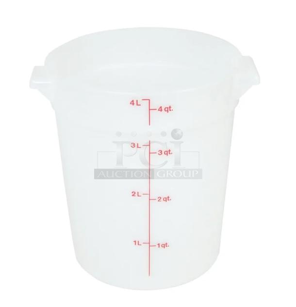Brand new Cambro 4 Qt. round food storage container, model RFS4148, white with red measurement markings.