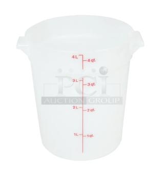 Brand new Cambro 4 Qt. round food storage container, model RFS4148, white with red measurement markings.