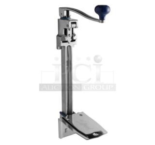 Brand new Edlund #1 heavy-duty manual can opener with plated steel base, featuring a durable blue handle and sturdy design.