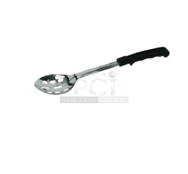 Brand new Update International 13" stainless steel slotted basting spoon, model BBOT-13N, with black grip handle.