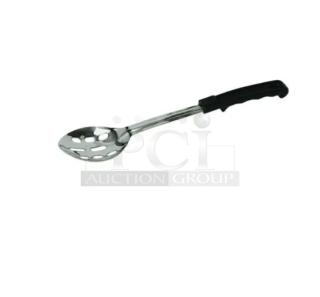 Brand new Update International 13" stainless steel slotted basting spoon, model BBOT-13N, with black grip handle.