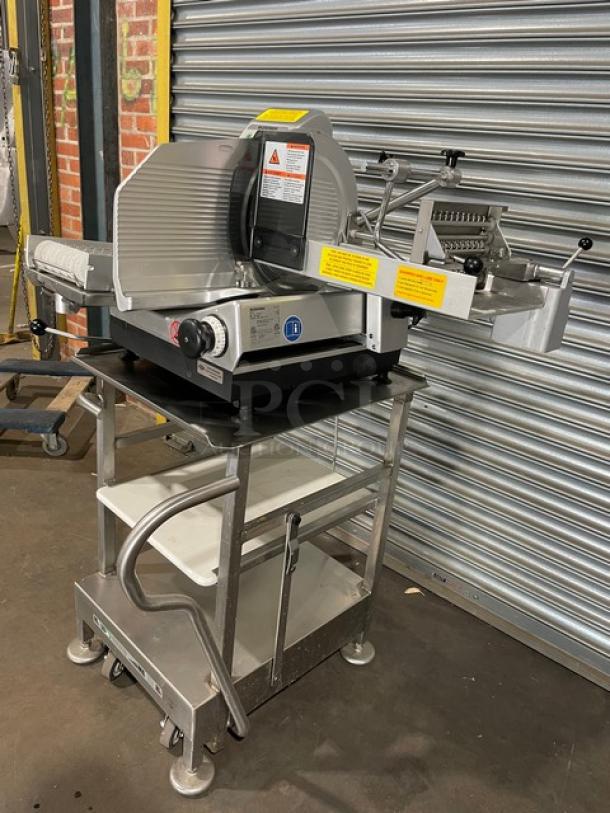Bizerba VS12DV electric deli slicer on stand with retractable casters, features shingle/stacking function. Model: 11007157, 120V.