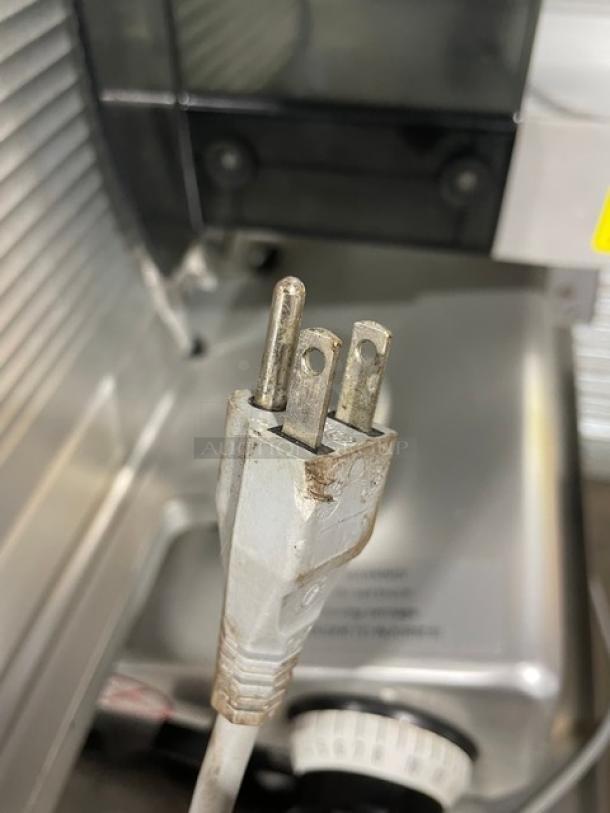 Bizerba VS12DV commercial deli slicer plug close-up. Includes model info and power specifications for auction details.