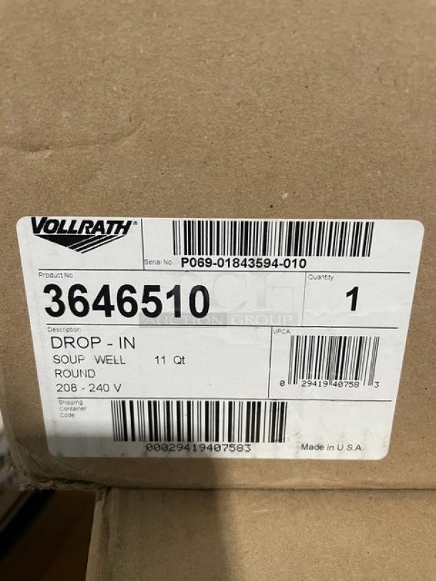 Brand new Vollrath 11 Qt. stainless steel modular drop-in soup well, electric-powered, model 364510, with thermostatic control.