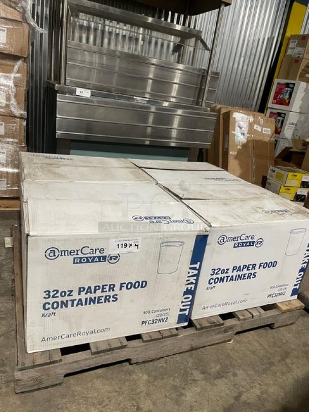 Brand new full pallet of AmerCare Royal 32 oz. Kraft paper food containers, Model PFC32NV2, 500 per case, stacked on a pallet.