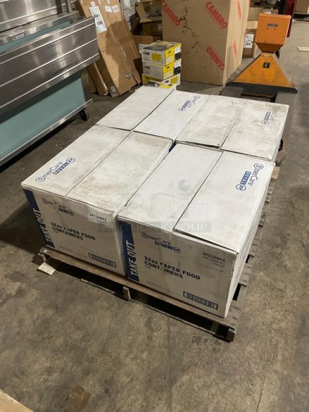 BRAND NEW full pallet of AmerCare Royal Kraft 32 Oz. round food containers, Model PFC32NV2, 500 per case, 4 cases shown.