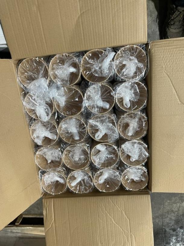 AmerCare Royal 32 Oz. Kraft Food Containers, Model PFC32NV2, full pallet, brand new, 500 per case, packaging visible.