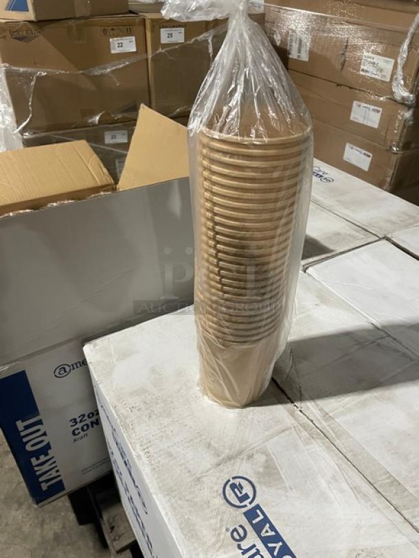 Brand new AmerCare Royal 32 Oz. Kraft food containers, model PFC32NV2, in unopened plastic wrap. Pallet of boxes shown.