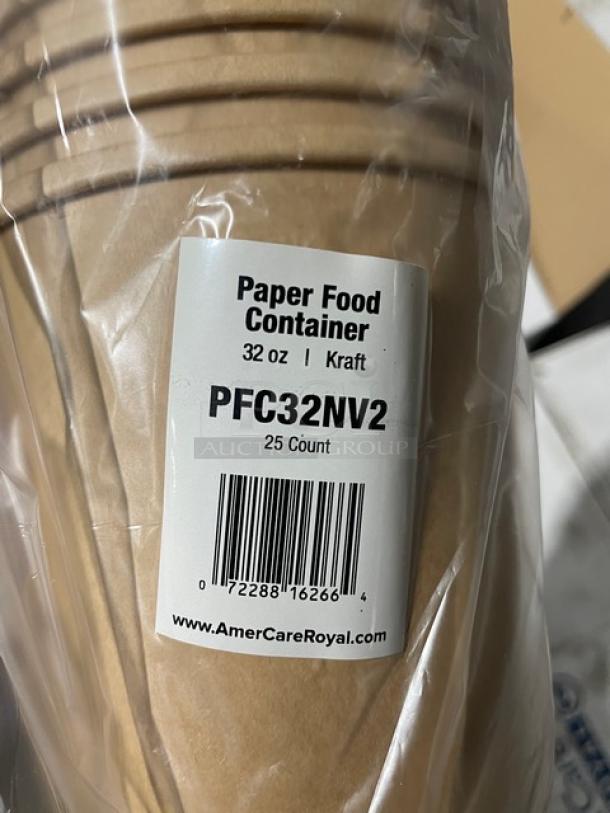 AmerCare Royal Kraft 32 oz food containers, model PFC32NV2, brand new in packaging. 25 count per pack label shown.