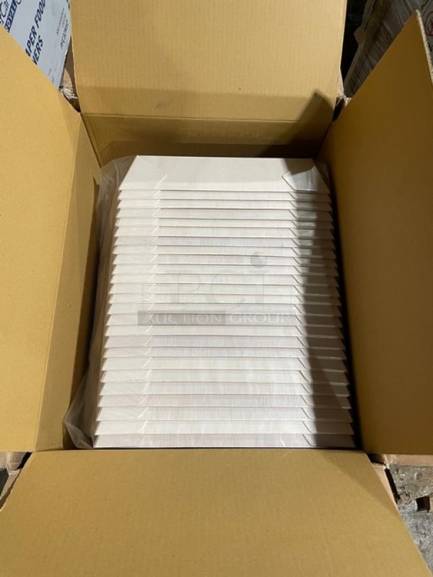 New VerTerra commercial wooden disposable food trays, Model RA-TG-DE-12D, neatly stacked in box.
