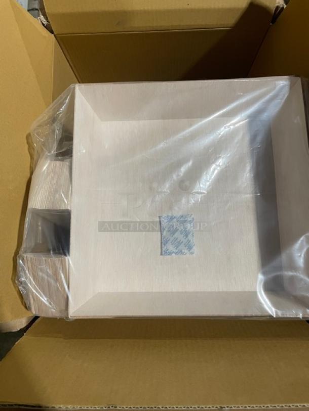 Brand new VerTerra wooden disposable food tray, model RA-TG-DE-12D, packed in an open box.