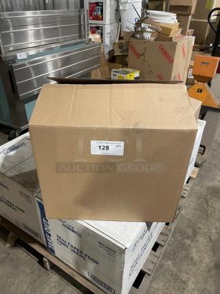 Cardboard box containing a Vollum Brotform Series V3001LIN 8.5" round bread rising basket with linen, labeled “128 QTY.”