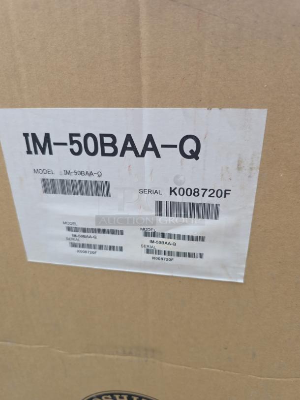 Hoshizaki IM-50BAA-Q ice maker, model IM50BAAQ, serial K008720F, in box. Scratch-N-Dent, air-cooled, stainless steel.
