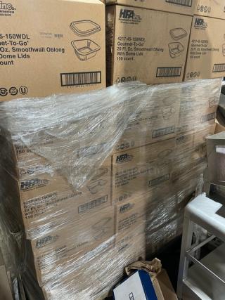 Pallet of HFA Gourmet-To-Go aluminum containers, model 4217-45-150WDL, 20 oz, with dome lids, 150 per case, new condition.