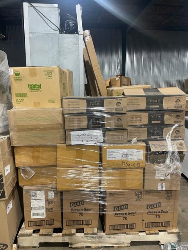Brand new mixed pallet: Glad Press'N Seal, Arc Cardinal trays, Arcoroc glasses, EMI Yoshi trays, Eco Products cups, Dudson bowls.