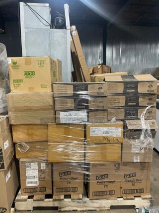 Brand new mixed pallet: Glad Press'N Seal, Arc Cardinal trays, Arcoroc glasses, EMI Yoshi trays, Eco Products cups, Dudson bowls.