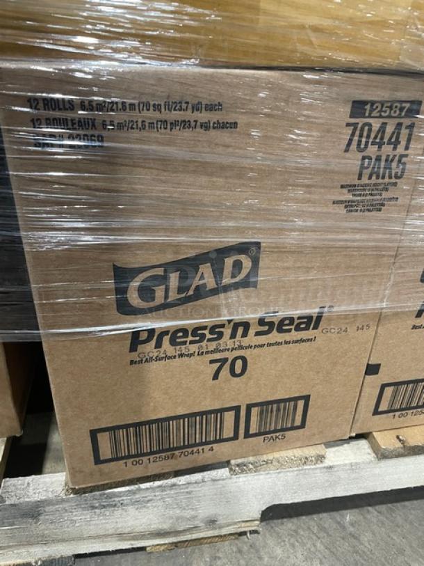 Mixed pallet with Glad Press'N Seal wrap, model 70441PAK5, 12 rolls per case, new condition, visible packaging.