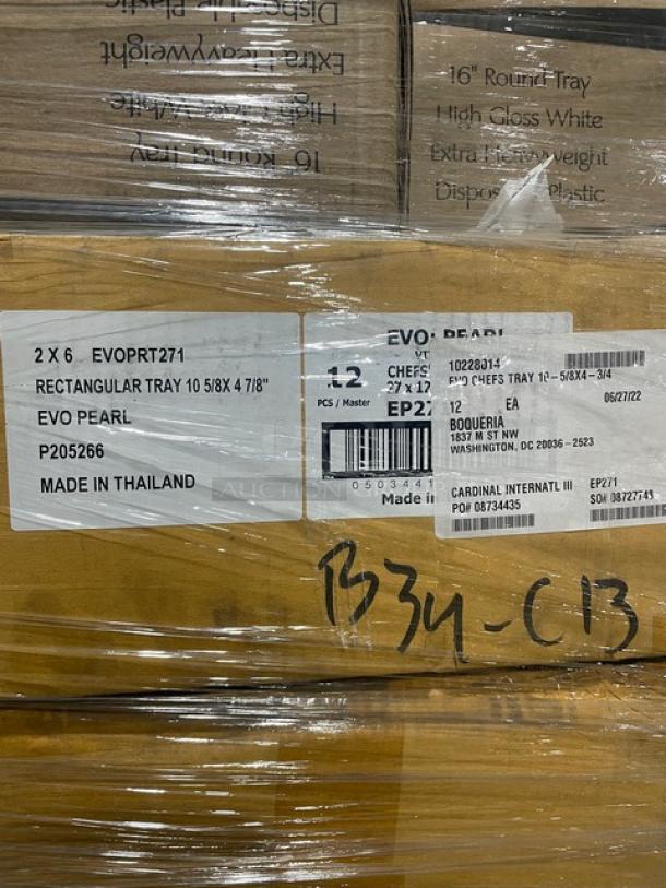 Mixed pallet of commercial kitchen items, labeled packaging visible including Arc Cardinal chef trays and Eco Products containers.