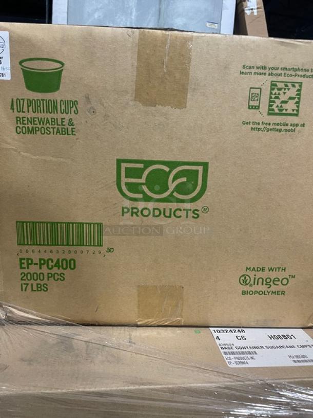 Cardboard box labeled Eco Products EP-PC400, containing 2,000 renewable 4 oz compostable cups, 17 lbs.