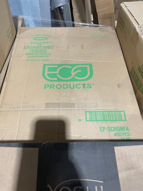 Mixed pallet with Eco Products container box, marked "EP-SCR9NFA, 400 PCS," showing Eco Products logo, in sealed packaging.